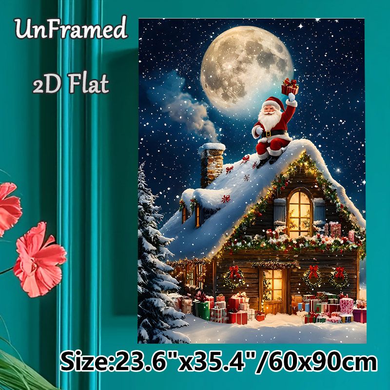Christmas Santa Themed Painting Poster, Warm Festive Snowy Cottage Night Scene Poster, Cozy Holiday Design Ideal For Living Room, Seasonal Home_maomaolike.com