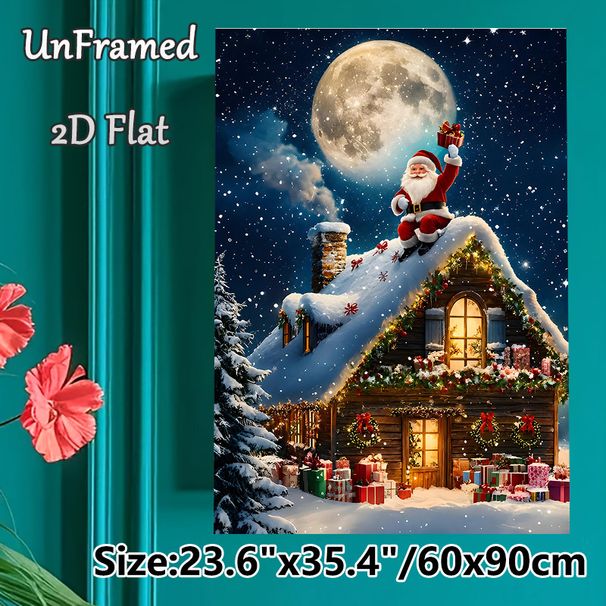 Christmas Santa Themed Painting Poster, Warm Festive Snowy Cottage Night Scene Poster, Cozy Holiday Design Ideal For Living Room, Seasonal Home_maomaolike.com