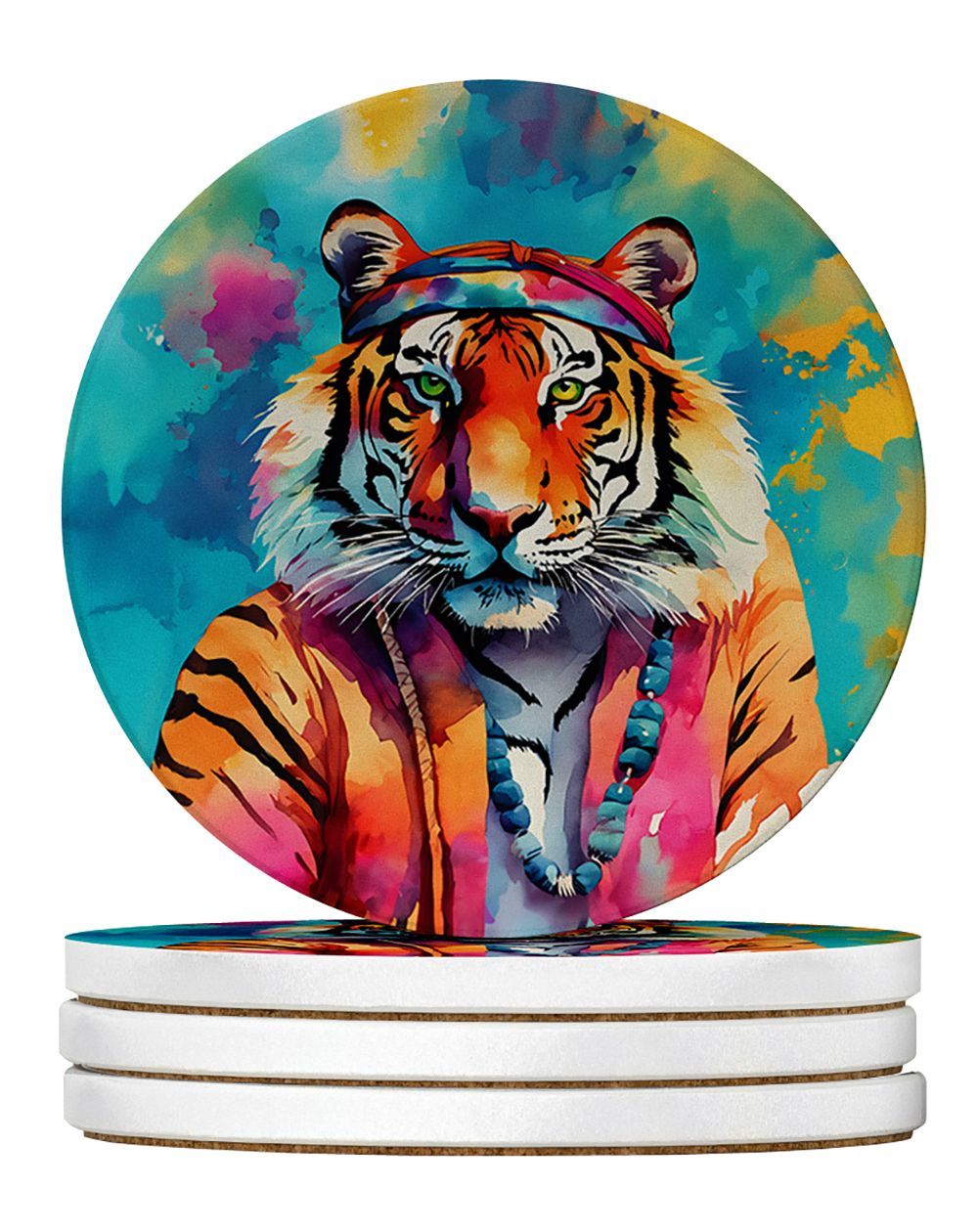 Hippie Animal Bengal Tiger Large Sandstone Coasters Pack Of 4 Absorbent Round Coasters Decor Gifts For Men Or Women, 4 In, Multicolor_maomaolike.com