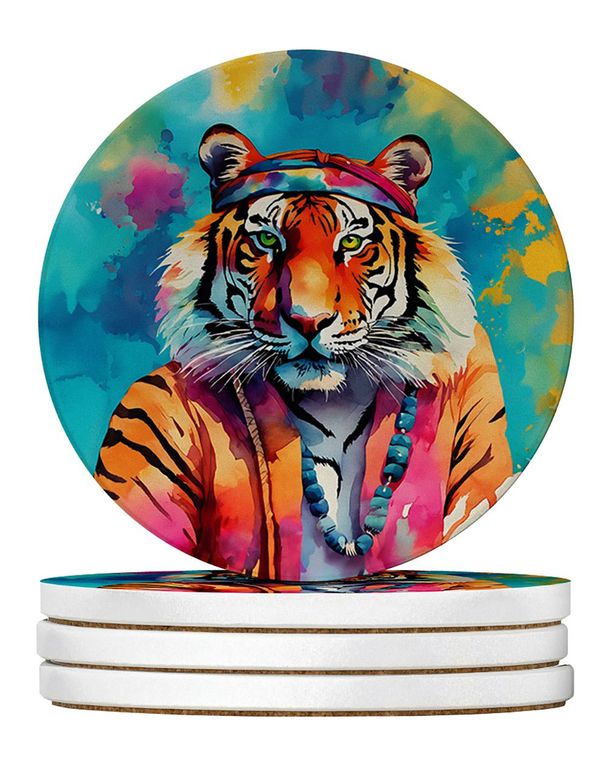Hippie Animal Bengal Tiger Large Sandstone Coasters Pack Of 4 Absorbent Round Coasters Decor Gifts For Men Or Women, 4 In, Multicolor_maomaolike.com