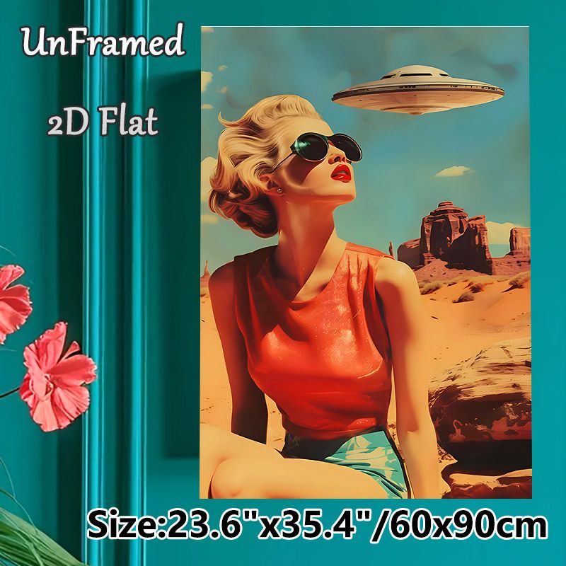 Retro UFO & Pin-up Girl Painting Poster, Vibrant Vintage Retro Style Poster, Nostalgic Desert Scene With Flying Saucer, Ideal For Living Room, Bedroom_maomaolike.com