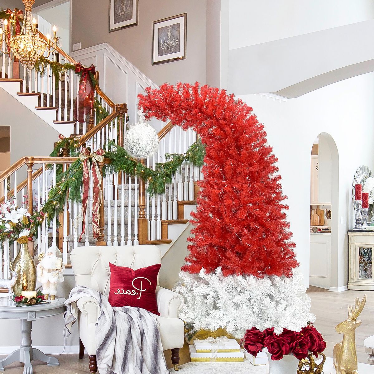 6 Ft Hinged Fraser Fir Artificial Fir Bent Top Christmas Tree, Bendable Santa Hat Style Christmas Tree Holiday Decoration W/1,250 Lush Branch Tips, 300 LED Lights_maomaolike.com