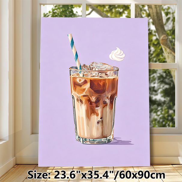 Iced Coffee Painting Poster, Vibrant Stylized Iced Coffee With Ice Cubes And Striped Straw Poster, Cozy Beverage-themed Decor Ideal For Cafe, Kitchen_maomaolike.com