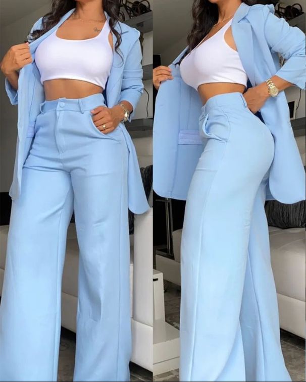 Women's Clothing, Elegant And Solid Color Split Sleeve Lapel Suit With Pockets And Straight Pants Suit_maomaolike.com