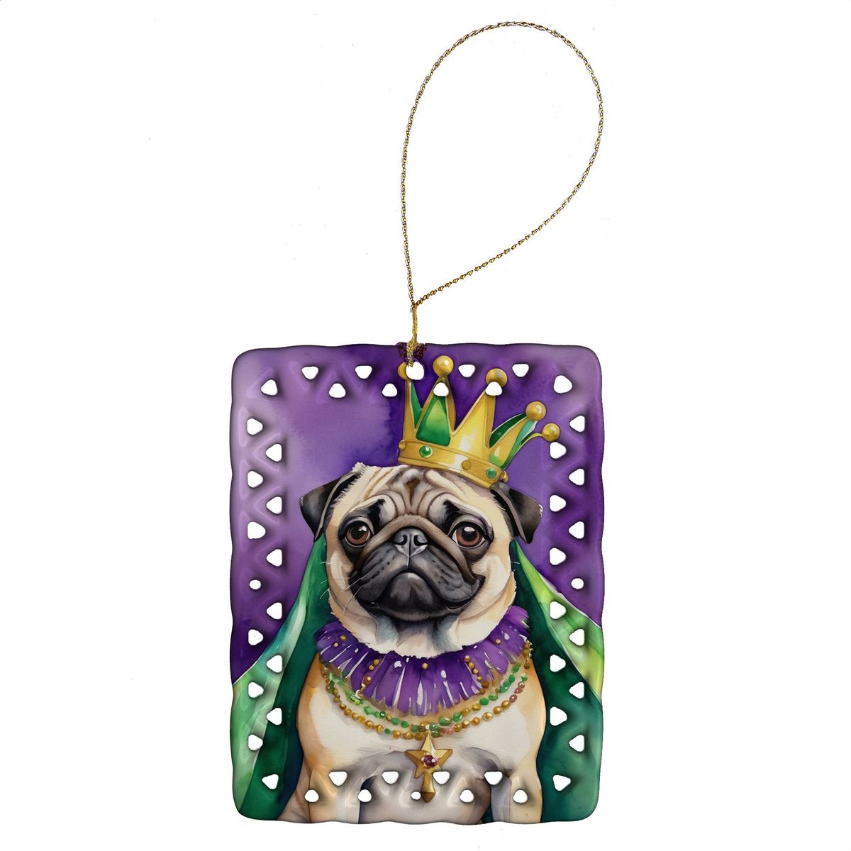 Pug King Of Mardi Gras Porcelain Ornament Christmas Tree Hanging Decorations For Home Christmas Holiday, Rectangle, Gift, Multicolor_maomaolike.com