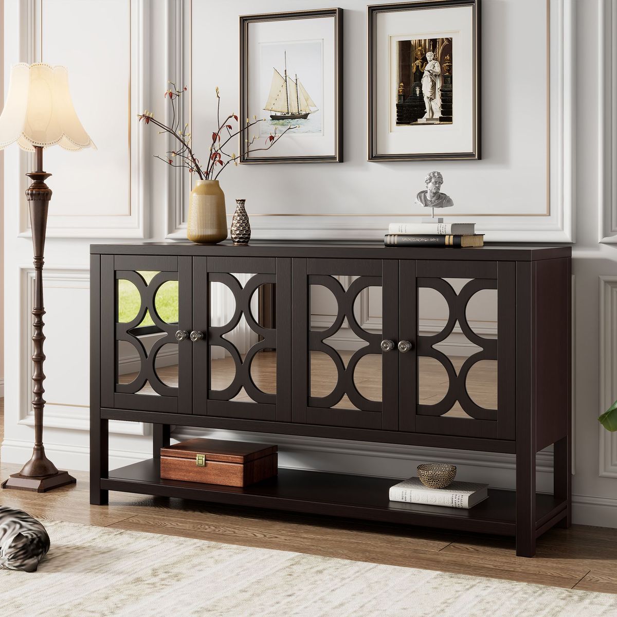 Elegant Retro Console Table/Storage Cabinet/Sideboard With Mirrored Doors,Spacious Shelves,and Durable Acacia Wood Legs - Perfect For Living Room,Dining Room,or Entryway_maomaolike.com