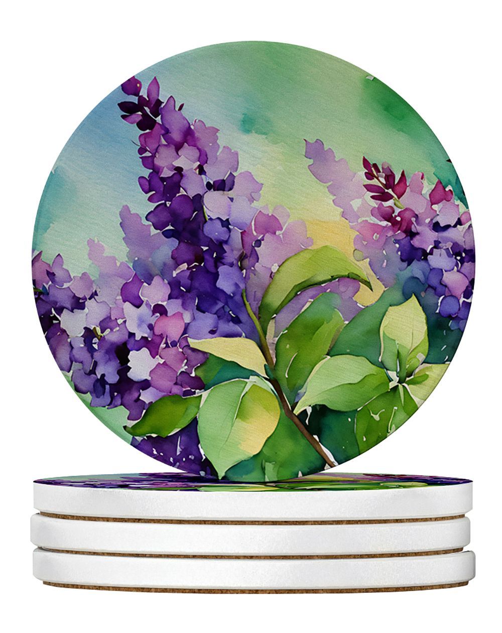 New Hampshire Purple Lilac In Watercolor Large Sandstone Coasters Pack Of 4 Absorbent Round Coasters Decor Gifts For Men Or Women, 4 In, Multicolor_maomaolike.com