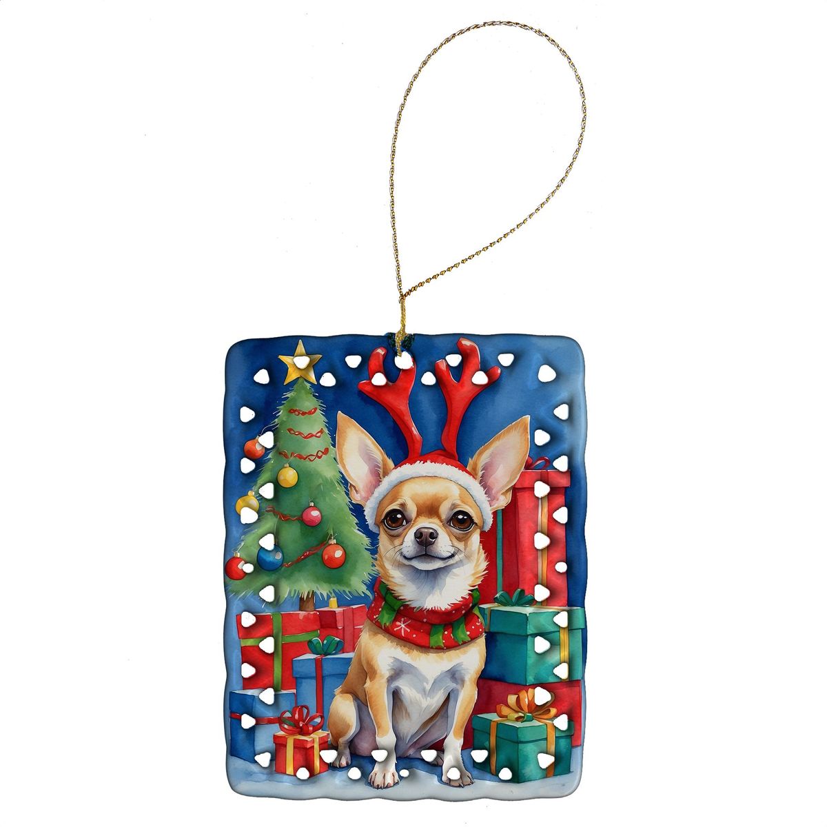 Chihuahua Christmas Reindeer Porcelain Ornament Christmas Tree Hanging Decorations For Home Christmas Holiday, Rectangle, Gift, Multicolor_maomaolike.com