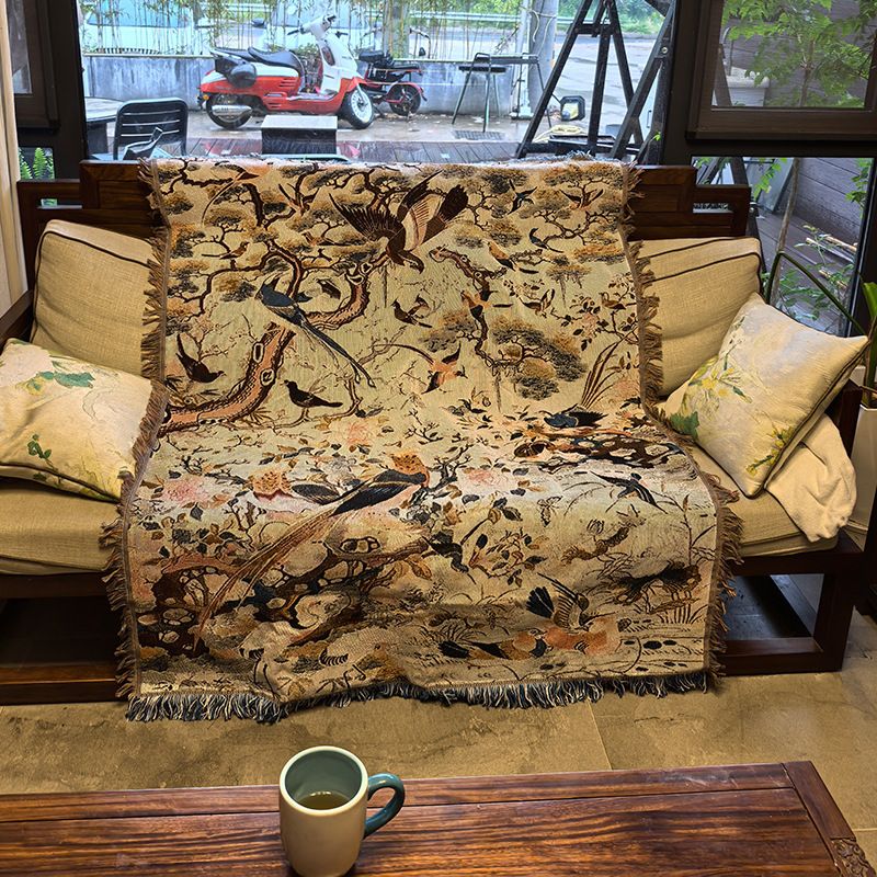 Flower And Bird Chinese Retro Style Single Seat Sofa Knitted Jacquard Wall Decoration Fabric Tapestry Cotton Blanket_maomaolike.com