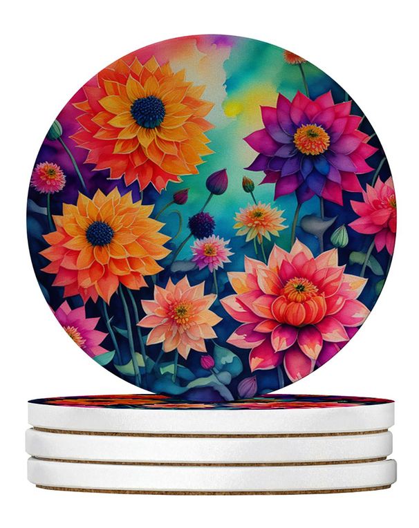 Colorful Dahlias Large Sandstone Coasters Pack Of 4 Absorbent Round Coasters Decor Gifts For Men Or Women, 4 In, Multicolor_maomaolike.com