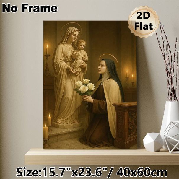 Religious Madonna With Child Painting Poster, Vintage Warm-toned Devotional Scene With Nun Holding White Roses Poster, Serene Spiritual Artwork Ideal_maomaolike.com
