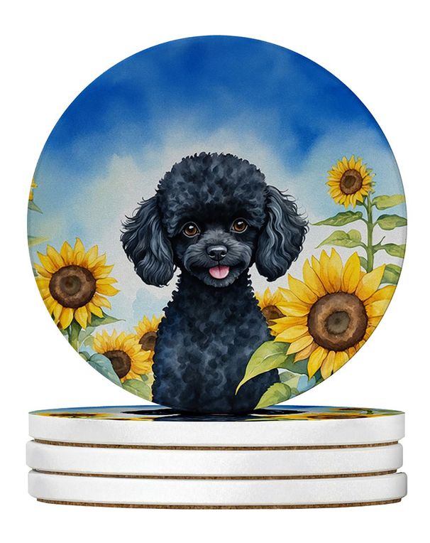 Black Poodle In Sunflowers Large Sandstone Coasters Pack Of 4 Absorbent Round Coasters Decor Gifts For Men Or Women, 4 In, Multicolor_maomaolike.com