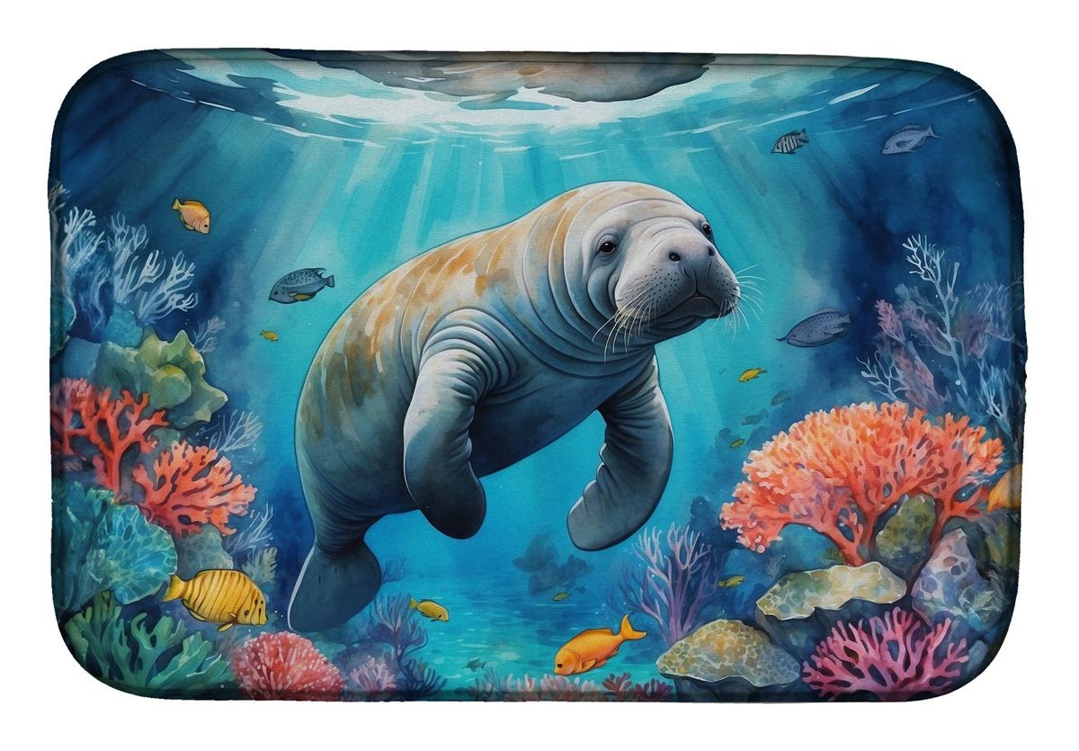 Manatee And Coral Reefs Dish Drying Mat Absorbent Dish Drying Mat Pad For Kitchen Counter Dish Drainer Mat For Countertop, 14 X 21", Multicolor_maomaolike.com