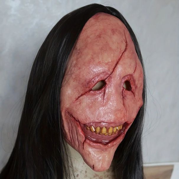 Halloween Horror Long Hair Demon Mask Red Face Demon Mask Toothy Demon Latex Long Hair Mask_maomaolike.com
