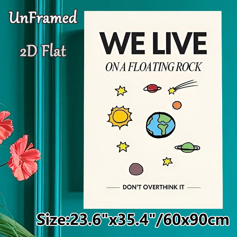 Space & Earth Themed Painting Poster, Cute Hand-drawn Cosmic Elements With Inspirational Quote Poster, Gentle Reminder To Avoid Overthinking, Suitable_maomaolike.com