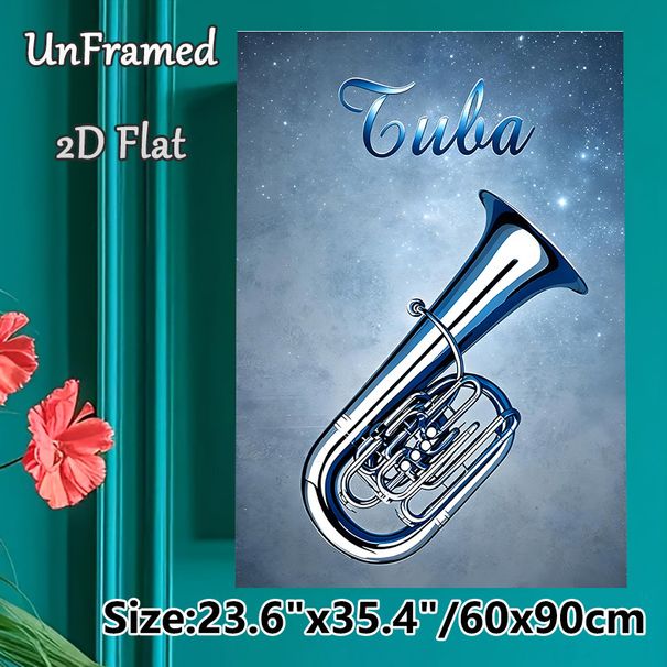 Tuba Themed Painting Poster, Shiny Metallic Blue-toned Poster, Elegant Music-inspired Decor Featuring Glossy Tuba On Starry Textured Backdrop, Ideal_maomaolike.com