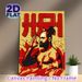 Martial Arts Warrior Painting Poster, Bold Retro Graphic Poster, Muscular Topknot Warrior With Red-gold Splatter Design, Striking Decor For Gym_maomaolike.com