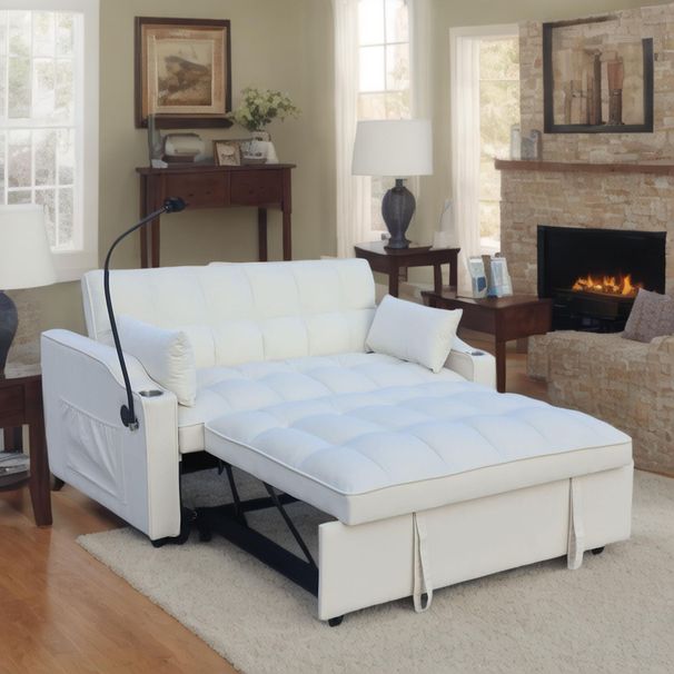Modern Velvet Loveseat Futon Sofa Couch W/Pullout Bed,Small Love Seat Lounge Sofa With Adjustable Reclining Backrest,Toss Pillows, Pockets,Furniture For Living Room,3 In 1 Convertible Sleeper Sofa Bed_maomaolike.com