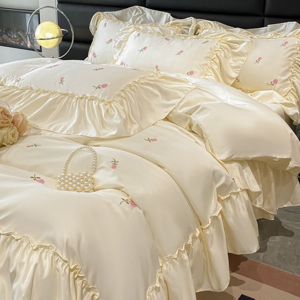 Korean Style Princess Summer Ice Bedding Set Luxury Smooth Naked Sleep Bed Sheet Duvet Cover Washable Real Silk Cool Feeling_maomaolike.com