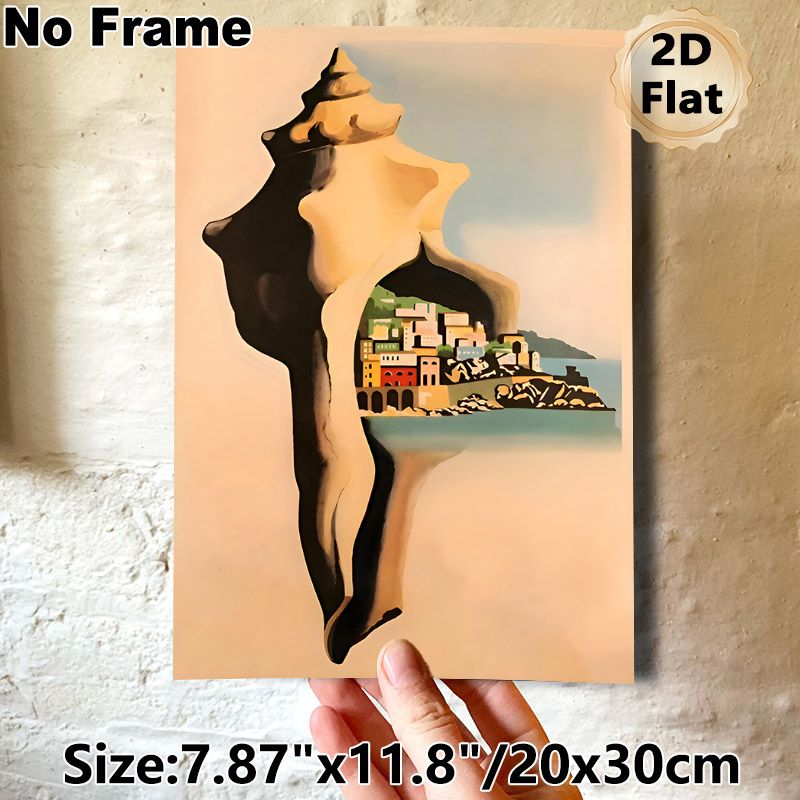 Seashell & Coastal Town Painting Poster, Surreal Style Pastel-toned Seashell With Vibrant Coastal Village Scene Poster, Unique Artistic Decor Ideal_maomaolike.com