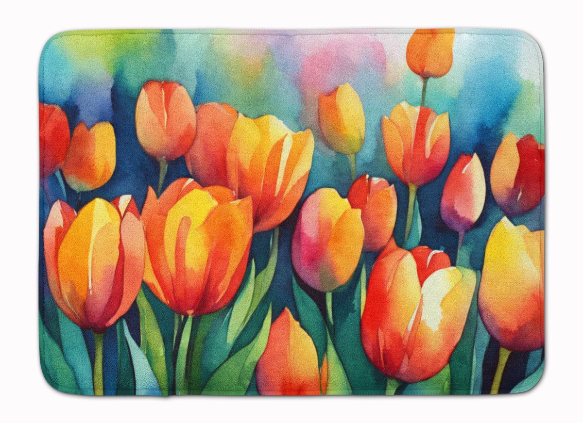 Tulips In Watercolor Memory Foam Kitchen Mat Machine Washable Anti-Fatigue Mat Cushion Comfort Bath Mat Or Kitchen Rug_maomaolike.com