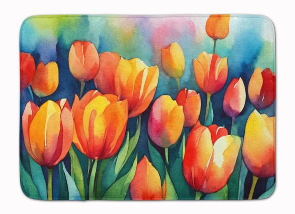 Tulips In Watercolor Memory Foam Kitchen Mat Machine Washable Anti-Fatigue Mat Cushion Comfort Bath Mat Or Kitchen Rug_maomaolike.com