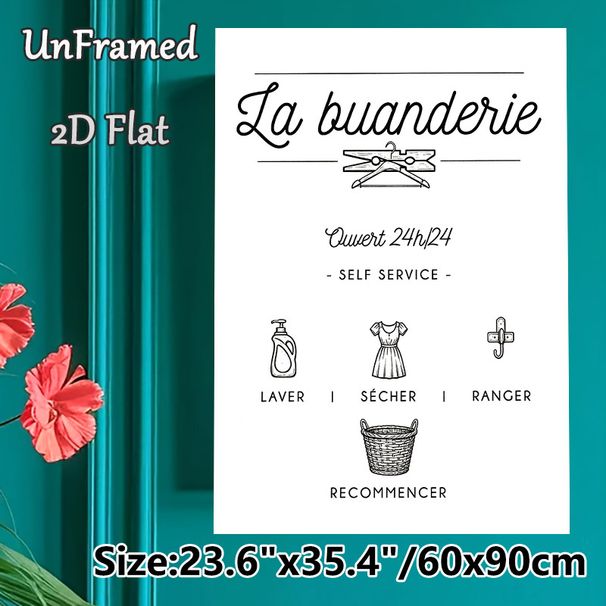 La Buanderie Laundry Themed Painting Poster, Minimalist Black & White Hand-drawn Poster, Vintage Laundry-inspired Design Ideal For Laundry Room Decor_maomaolike.com