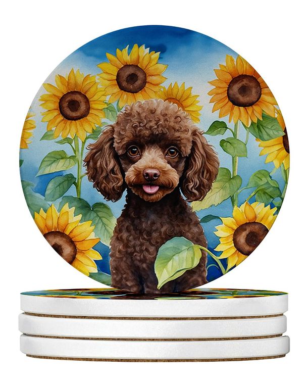 Chocolate Poodle In Sunflowers Large Sandstone Coasters Pack Of 4 Absorbent Round Coasters Decor Gifts For Men Or Women, 4 In, Multicolor_maomaolike.com