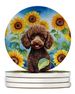 Chocolate Poodle In Sunflowers Large Sandstone Coasters Pack Of 4 Absorbent Round Coasters Decor Gifts For Men Or Women, 4 In, Multicolor_maomaolike.com