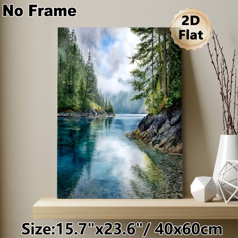 Forest Lake Landscape Painting Poster, Serene Watercolor Nature Scene Poster, Misty Mountain, Lush Evergreens & Clear Lake Design Brings Tranquil_maomaolike.com