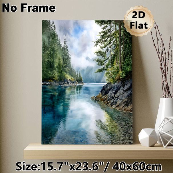 Forest Lake Landscape Painting Poster, Serene Watercolor Nature Scene Poster, Misty Mountain, Lush Evergreens & Clear Lake Design Brings Tranquil_maomaolike.com
