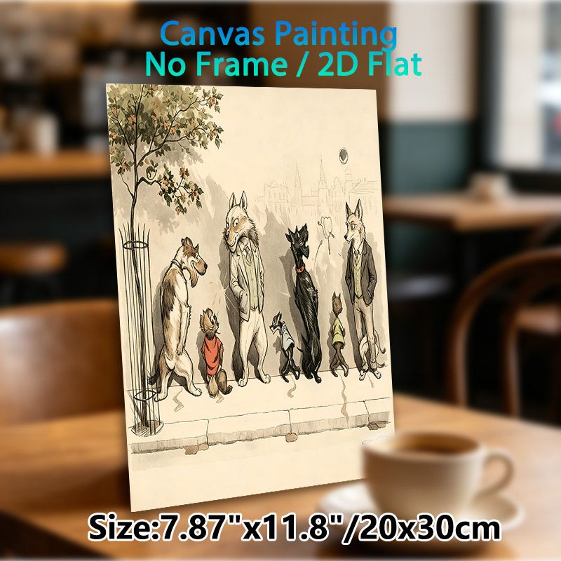Anthropomorphic Pets Painting Poster, Vintage Whimsical Dressed Dogs & Cats On City Sidewalk Poster, Charming Artistic Decor Suitable For Living Room_maomaolike.com