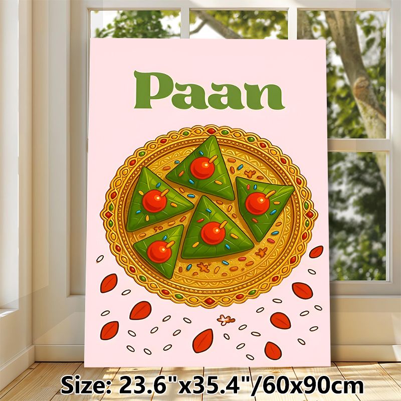 Paan Themed Painting Poster, Vibrant Cartoon-style Paan Treats On Ornate Golden Plate Poster, Charming Cultural Culinary Decor Ideal For Kitchen And_maomaolike.com
