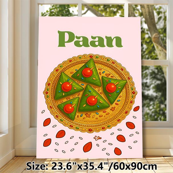 Paan Themed Painting Poster, Vibrant Cartoon-style Paan Treats On Ornate Golden Plate Poster, Charming Cultural Culinary Decor Ideal For Kitchen And_maomaolike.com