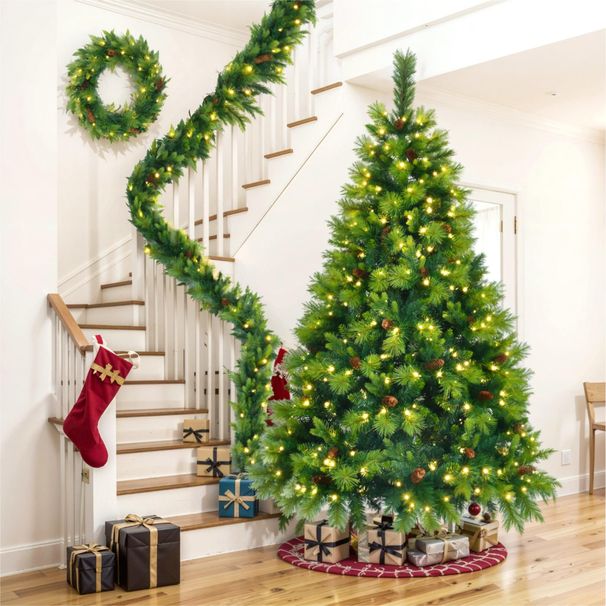 6FT Grass Green Christmas Tree, Large Branches Pine Tree, Pre-Lit Set With Tree & Garland & Wreath, Artificial Christmas With Pine Cones, Hinged Xmas Tree , For Holiday Party Ofiice Home_maomaolike.com