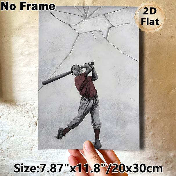 Baseball Themed Painting Poster, Vintage Monochrome With Red Accent Poster, Creative Design Of Boy Swinging Bat To Crack Wall, Ideal For Game Room_maomaolike.com