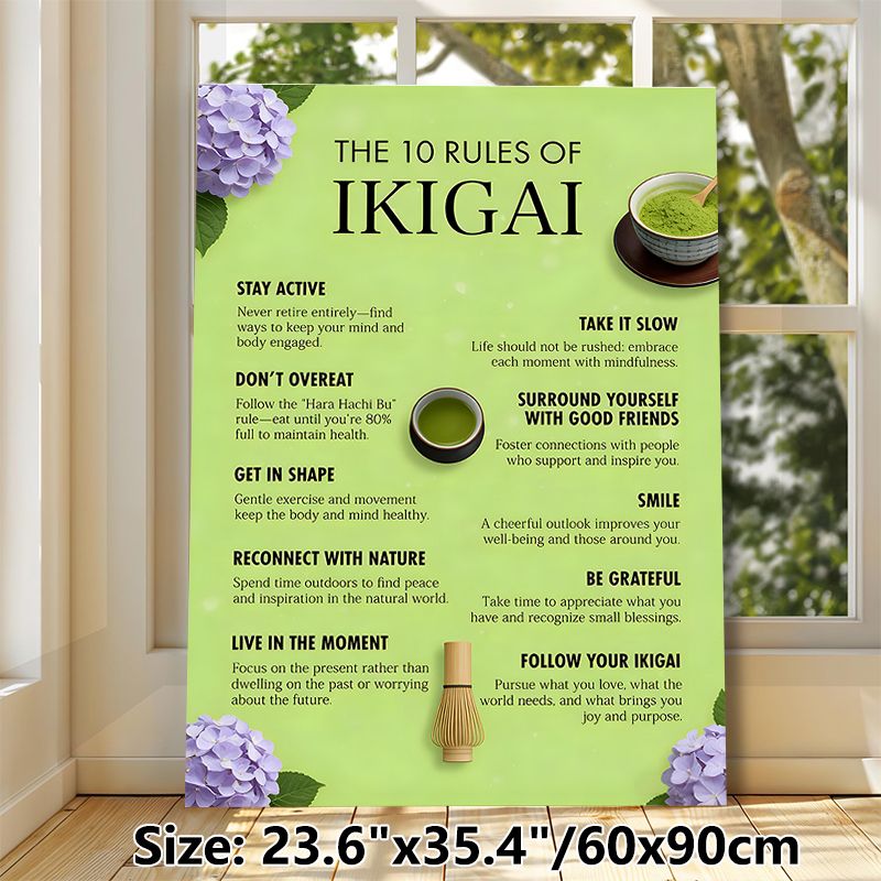 Ikigai Themed Painting Poster, Soft Green-toned Illustrative Poster, Presents 10 Inspiring Life Principles, Ideal For Home Office, Living Room And_maomaolike.com