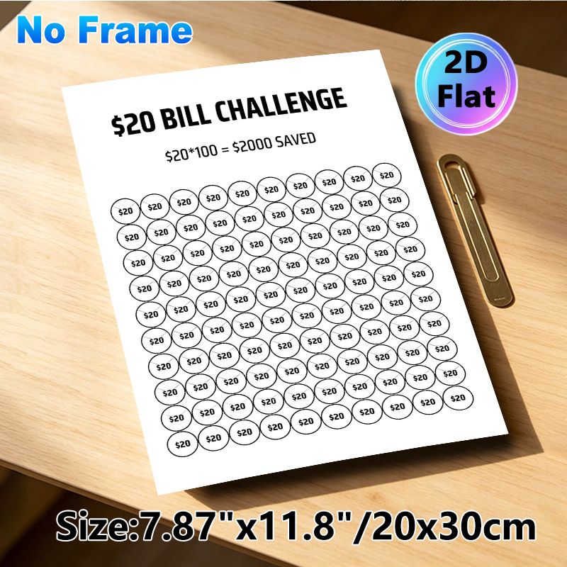 $20 Bill Savings Challenge Painting Poster, Minimalist Black-and-white Savings Tracker Poster, Practical Tool To Reach $2000 Savings Target, Suitable_maomaolike.com