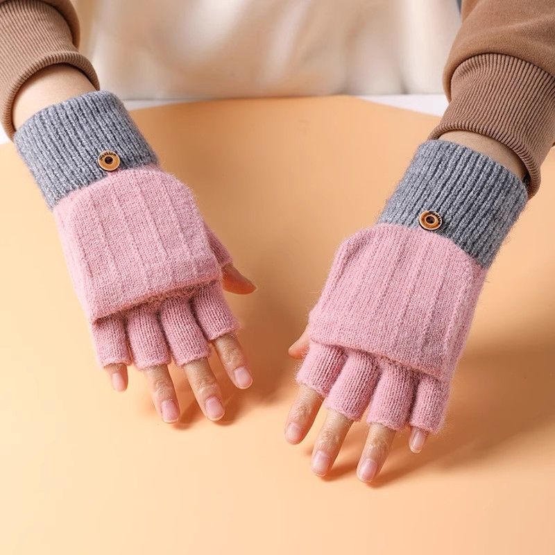 Half finger flip glove Winter Ladies cute plus fleece knit warm wool fingertip_maomaolike.com