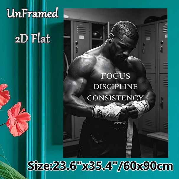 Motivational Boxer Painting Poster, Monochrome Powerful Athlete Locker Room Scene Poster, Inspiring Focus, Discipline, Consistency Quote Ideal For_maomaolike.com
