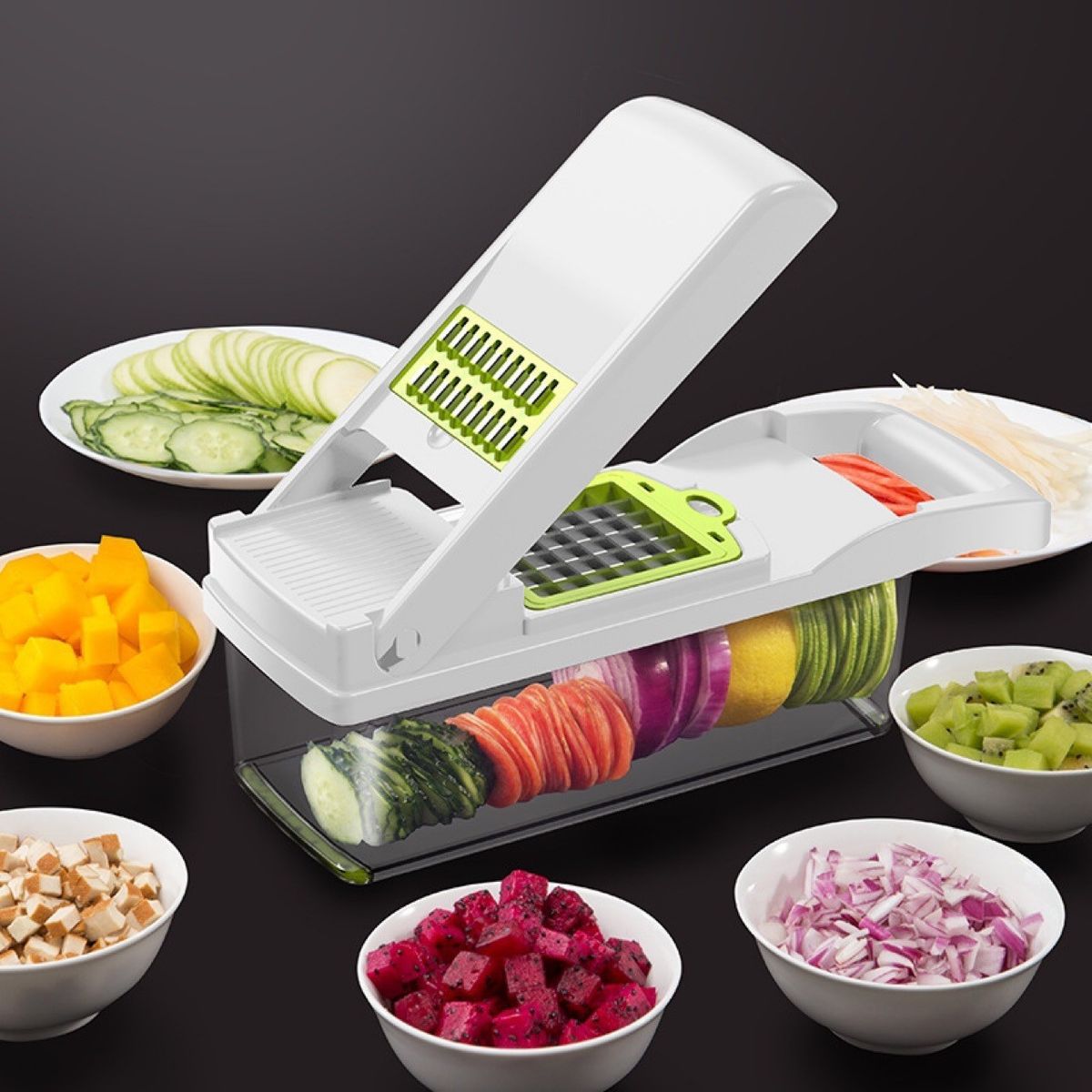 14-in-1 Multi-Functional Vegetable Chopper Set – Stainless Steel Slicer With 3 Blades, Container & Non-Slip Base For_maomaolike.com