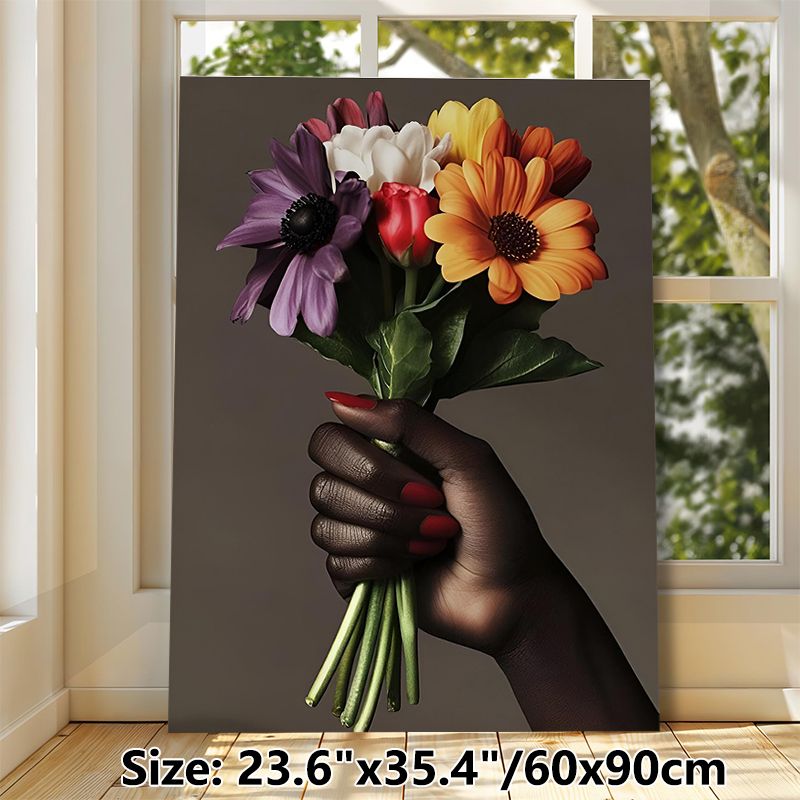 Hand Holding Colorful Flower Bouquet Painting Poster, Vibrant Realistic Floral Art Poster, Elegant Decorative Artwork Ideal For Living Room, Bedroom_maomaolike.com