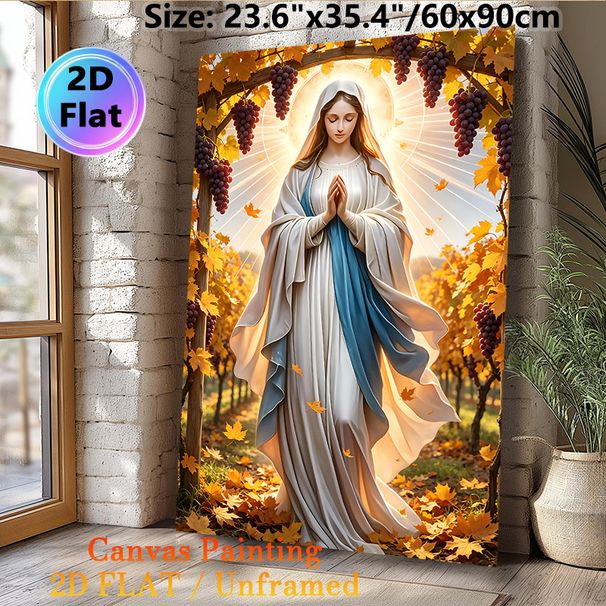 Blessed Virgin Mary Painting Poster, Serene Warm-toned Religious Figure With Radiant Halo In Autumn Vineyard Poster, Peaceful Spiritual Decor Suitable_maomaolike.com