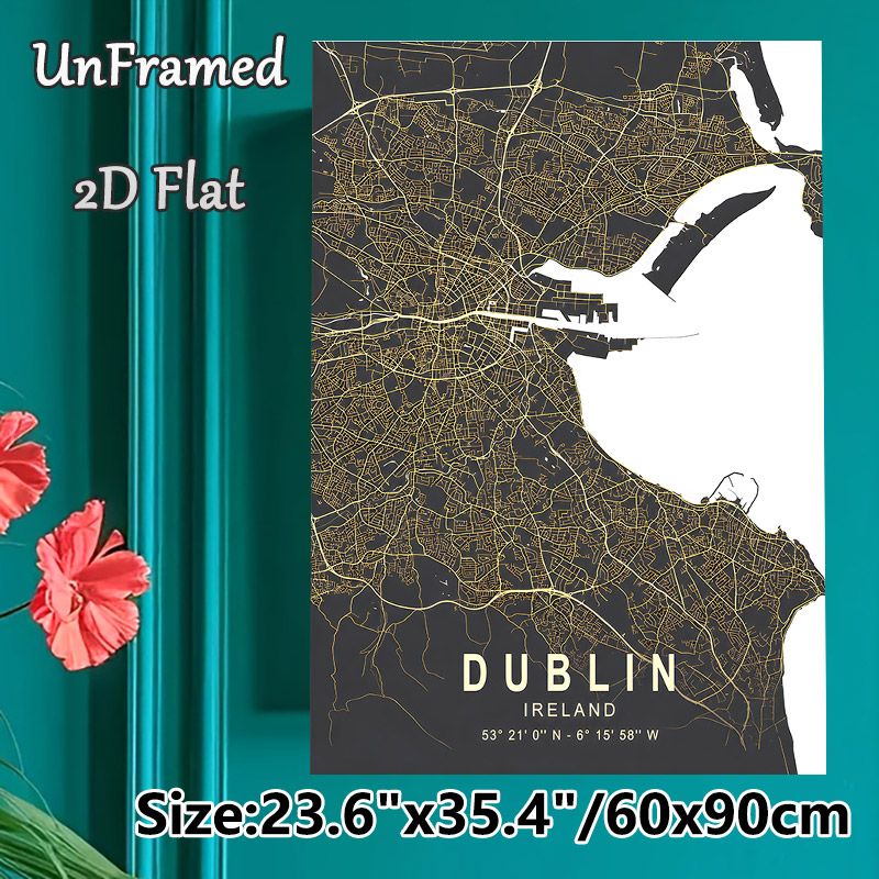 Dublin City Map Painting Poster, Sleek Minimalist Dark-toned Golden Line Map Poster, Clear Urban Layout Display, Ideal For Home Office & Living Room_maomaolike.com