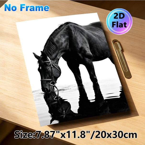 Black Horse Drinking Painting Poster, Monochrome Realistic Horse & Water Reflection Poster, Tranquil Elegant Wall Art, Suitable For Living Room_maomaolike.com