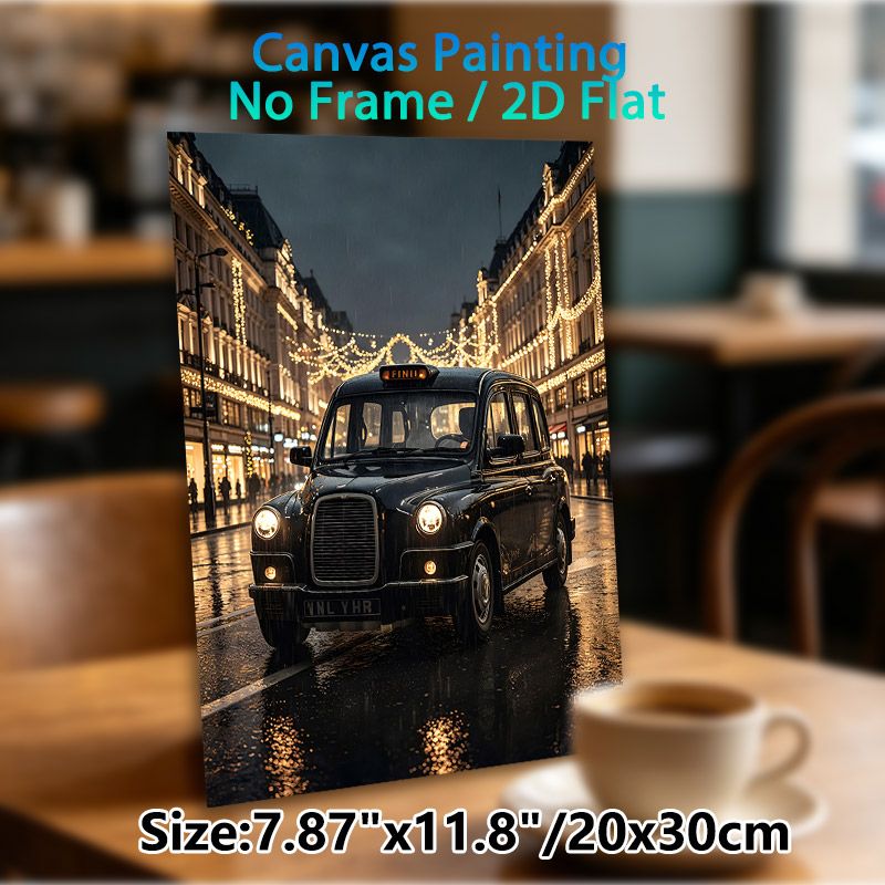 Vintage Black Taxi Painting Poster, Moody Rainy Urban Night Scene Poster, Warm Festive Lighting Design Ideal For Living Room, Office Wall Decor_maomaolike.com