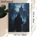 Gothic Hooded Figure With Rose Painting Poster, Mysterious Dark-toned Poster, Hooded Figure Holding Red Rose Before Moonlit Spooky Castle, Eerie_maomaolike.com