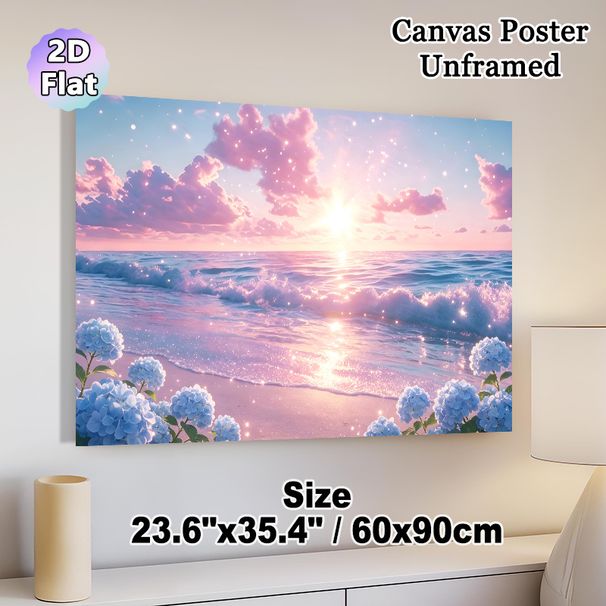 Pastel Coastal Sunset With Hydrangeas Painting Poster, Dreamy Glittery Seaside Scene Poster, Soft Calming Visual Ideal For Bedroom And Living Room_maomaolike.com