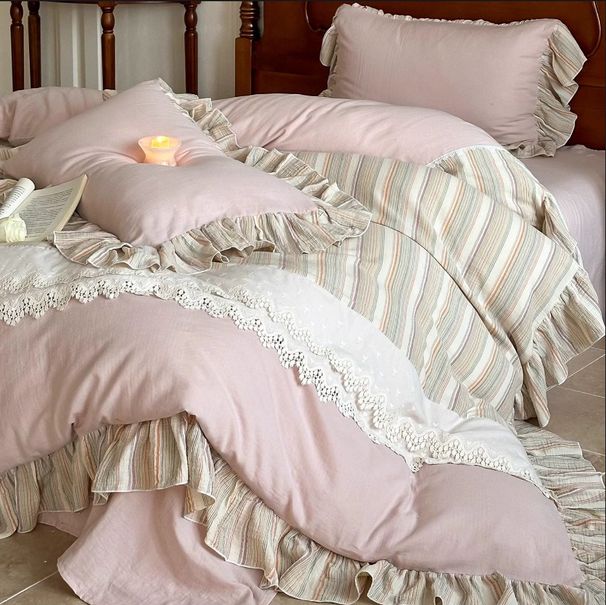 Wholesale INS French Style Princess Soft Naked Sleep Double Layer Gauze Full 4-Piece Ruffled Pure Cotton Four-Piece Set_maomaolike.com