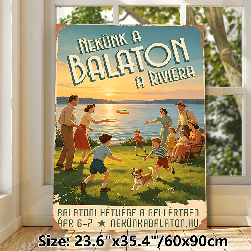 Lake Balaton Retro Gathering Painting Poster, Warm Vintage-style Lakeside Group Fun Scene Poster, Nostalgic Relaxing Wall Decor Idea For Living Room_maomaolike.com